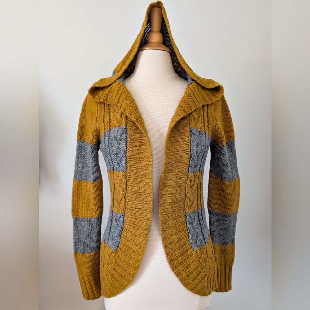 G21 Y2K Striped mustard and gray knitted hooded cardigan MEDIUM